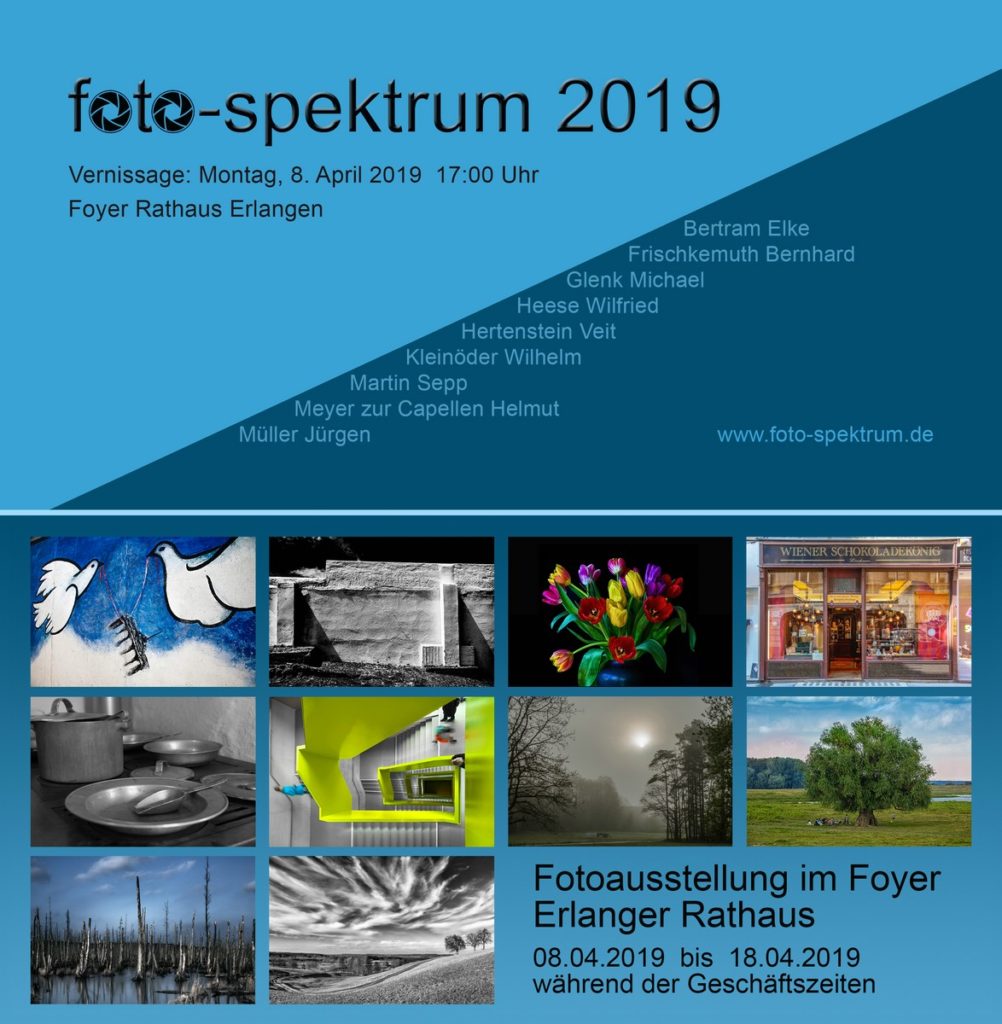 Einladung zur Foto-Ausstellung des foto-spektrum im Rathaus Erlangen vom 8. bis 18. April 2019.